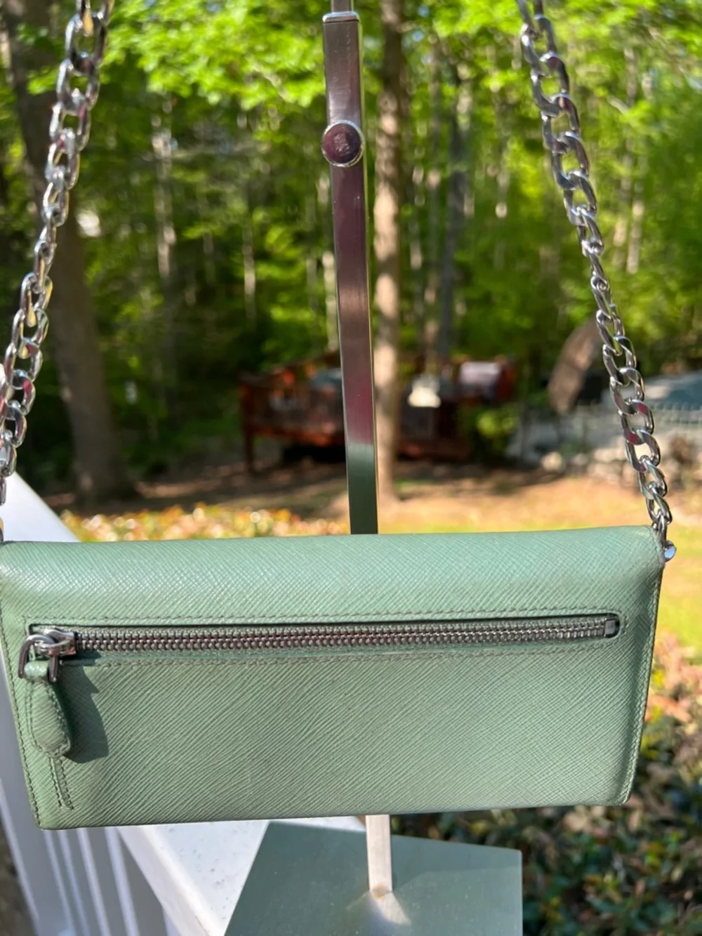 Prada Saffiano Leather Clutch in Mint Green with Silver Chain insert - Picture 6 of 17